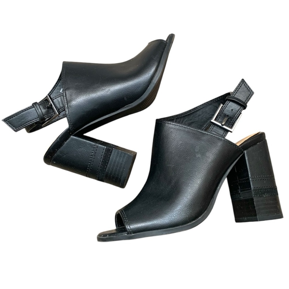 Apt. 9 Black Leather Peep Toe Chunky Heels Size 6.5